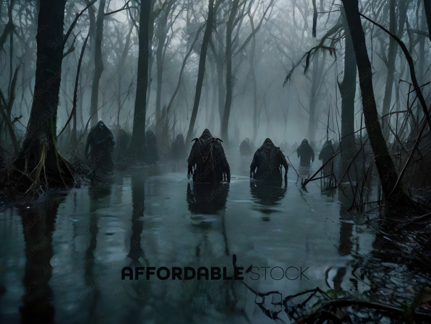 A group of people walking through a swampy area