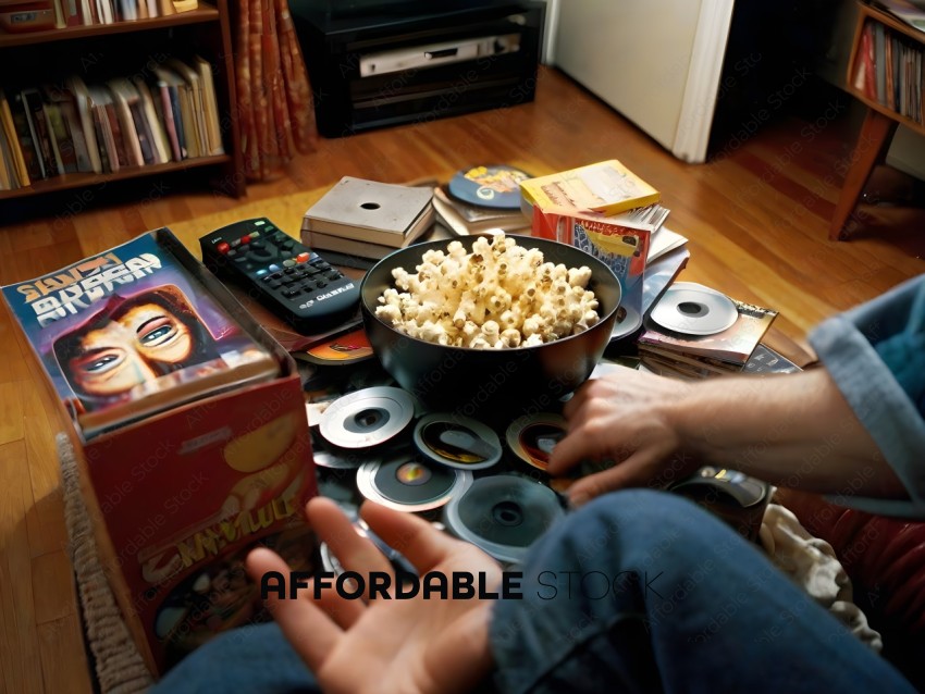 A person is sitting on the floor with a bowl of popcorn and a collection of movies