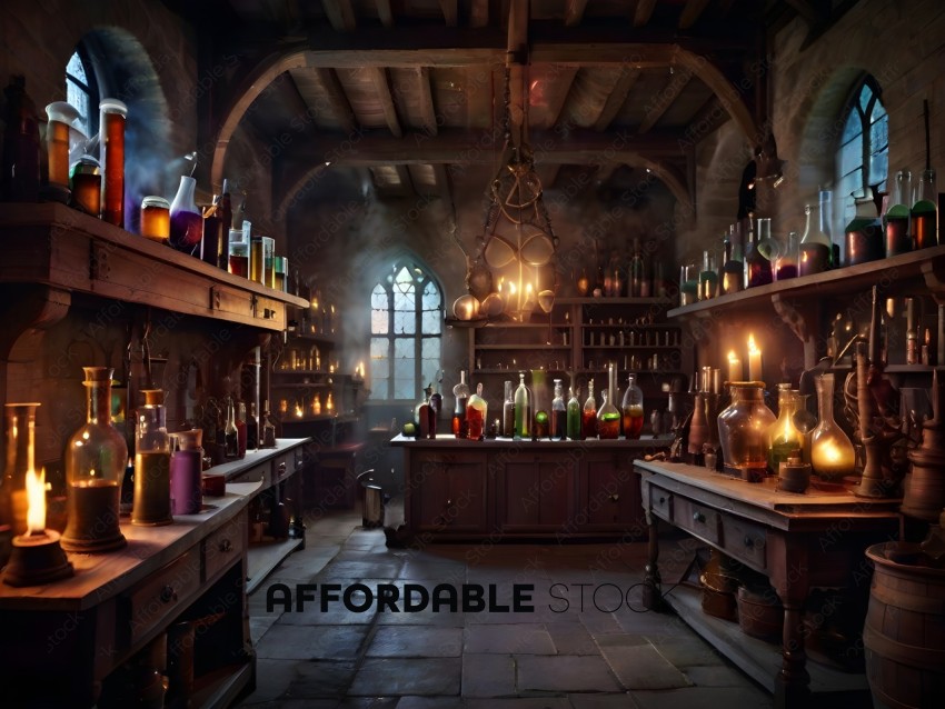 A dark, old-fashioned laboratory with a large number of bottles and beakers