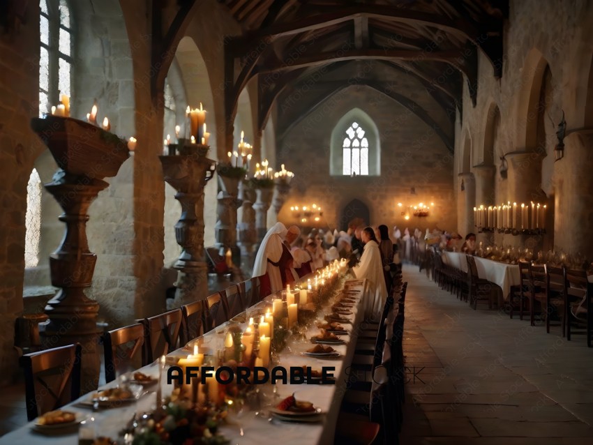 A long table with candles and food