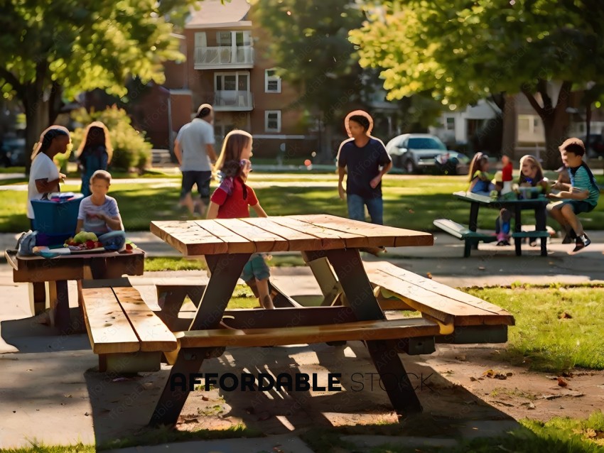 A group of children and adults are gathered around a picnic table