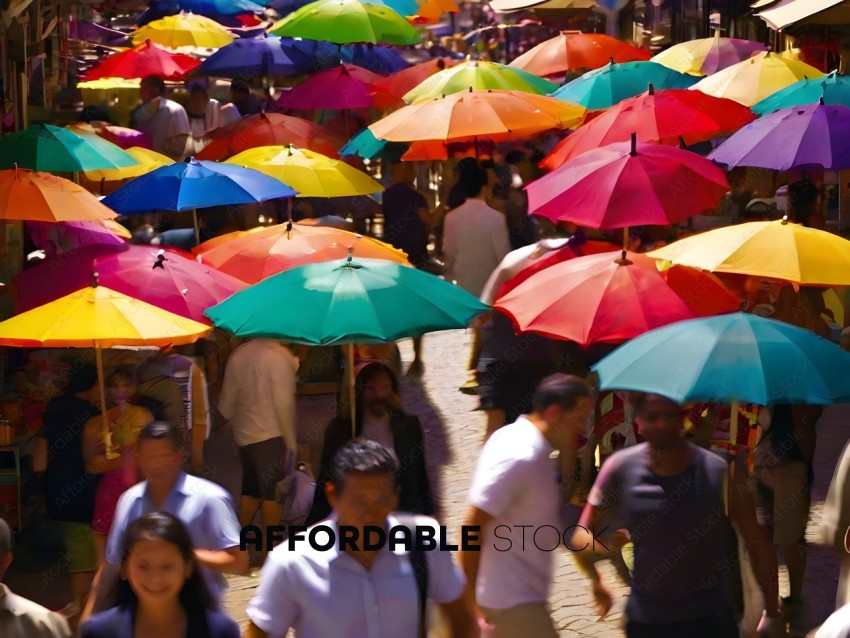 People walking under colorful umbrellas