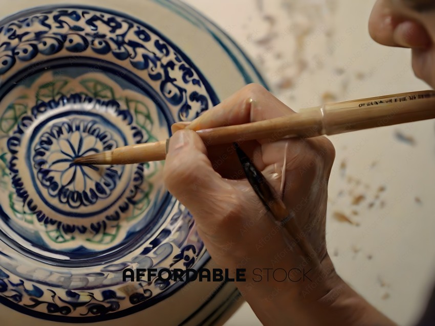A person is painting a blue and white vase