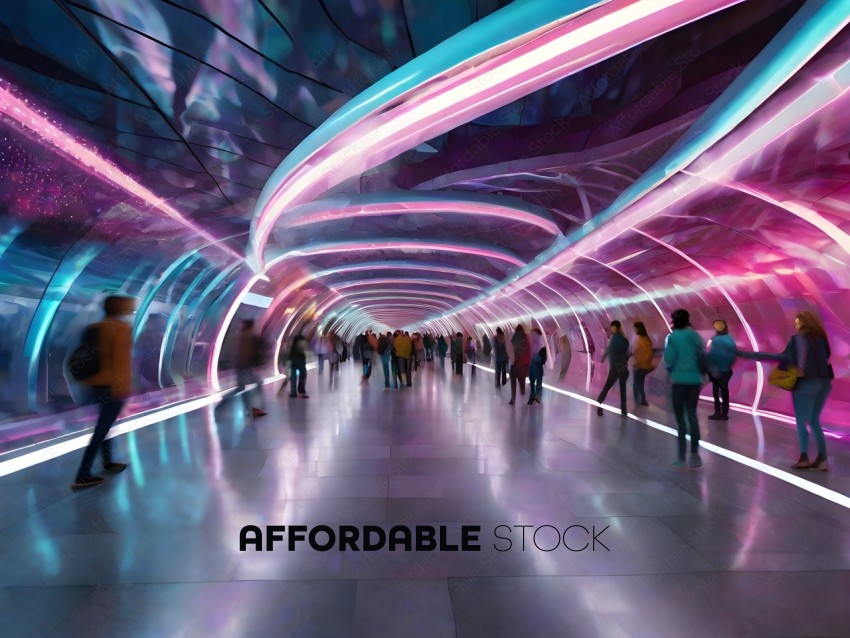 People walking through a tunnel with a rainbow light display