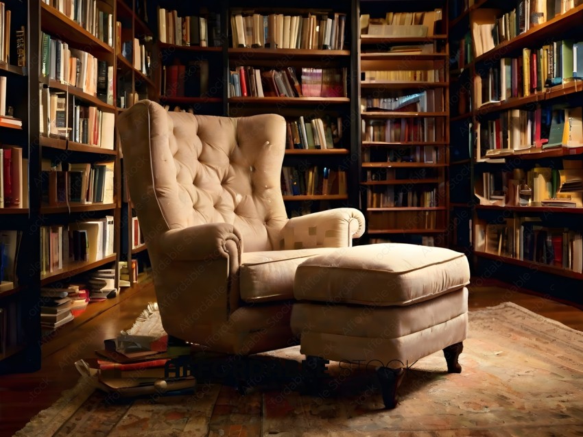 A tan chair with a foot rest in a room full of books