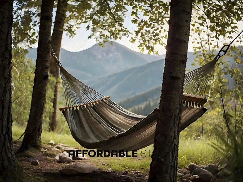 A hammock hangs in a serene forest setting