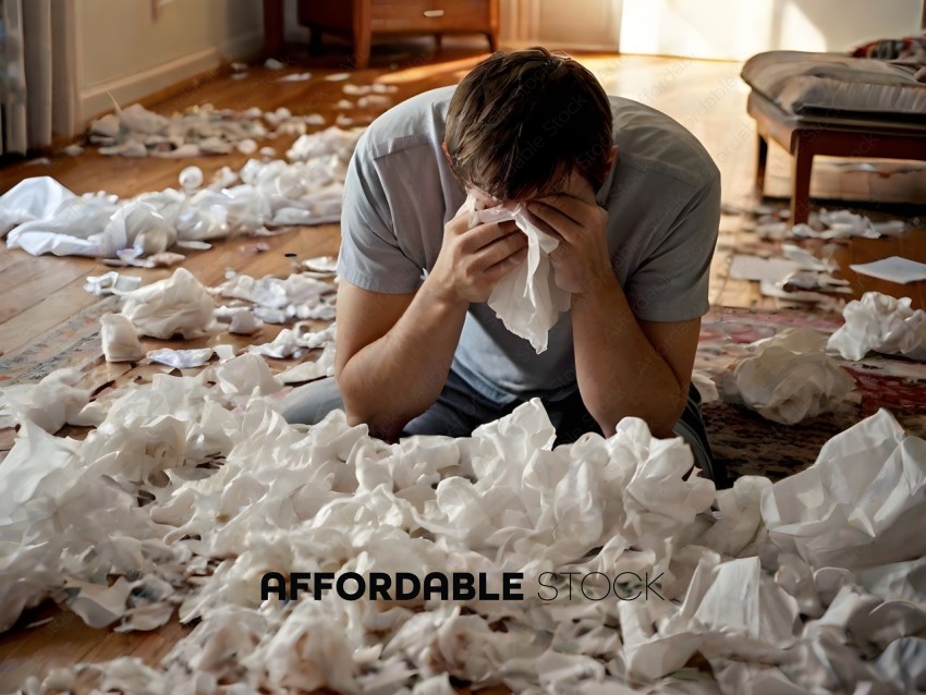 Man sitting on the floor covered in paper towels