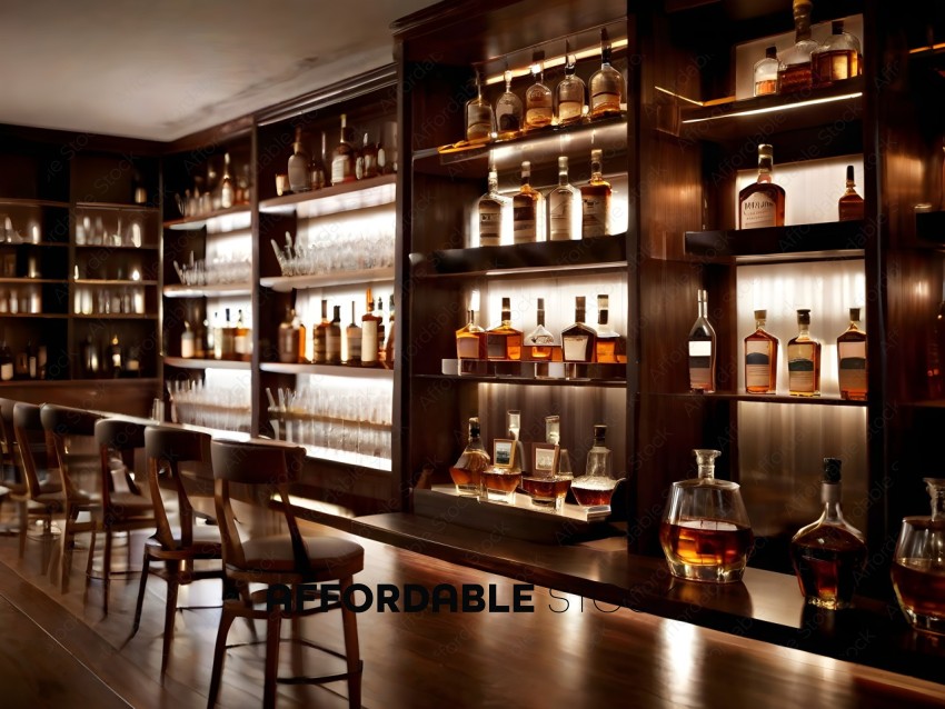 A bar with a large collection of liquor bottles and glasses