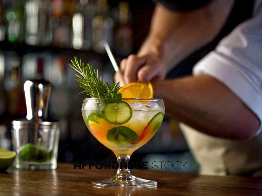 A bartender prepares a refreshing drink with a slice of orange