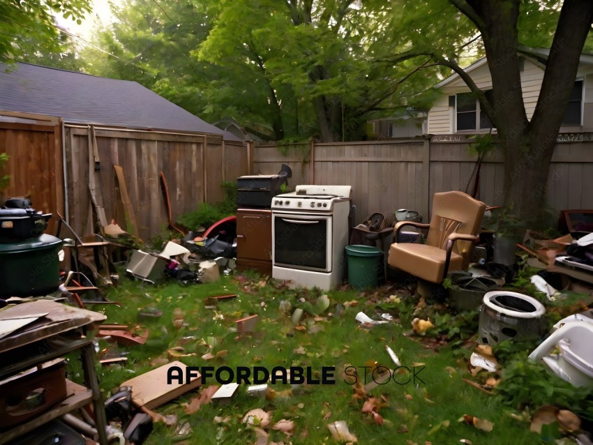 A messy backyard with a white stove and a green trash can