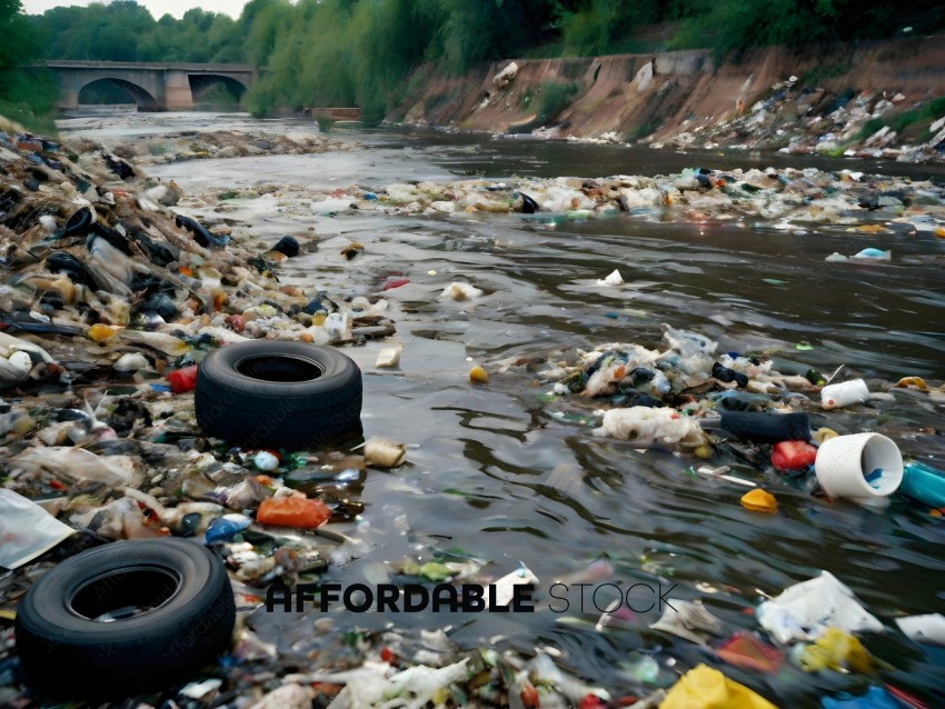 A river of trash with tires and other debris