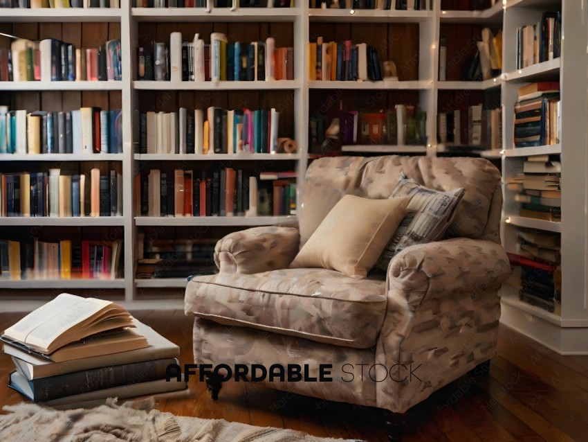 A cozy reading nook with a chair and bookshelves