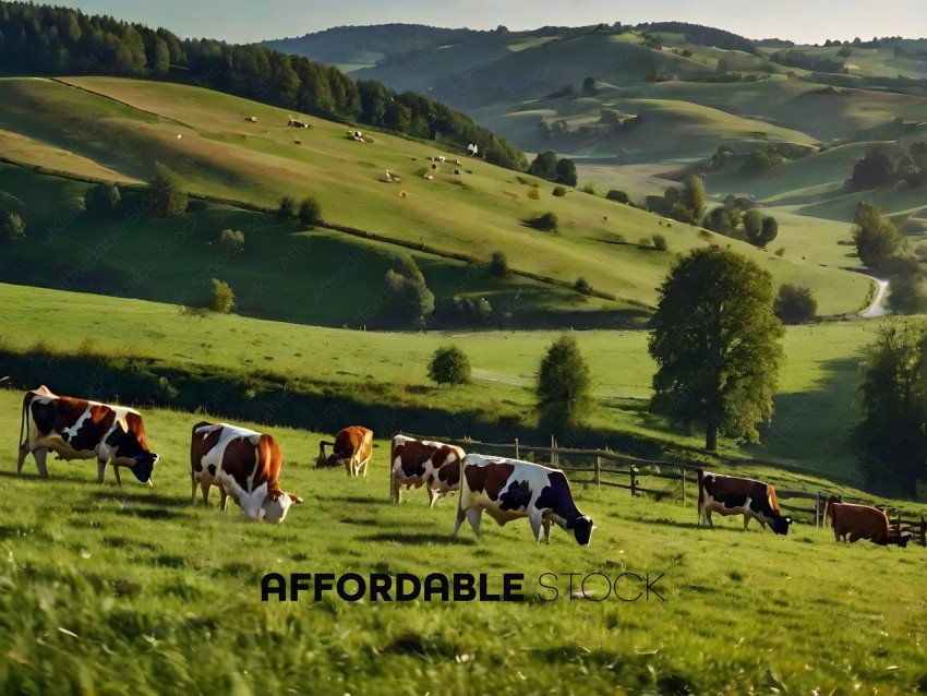 Cows grazing in a green pasture on a hillside