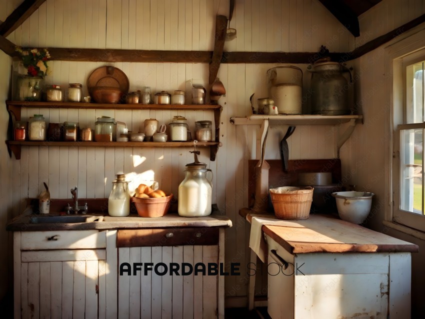 A kitchen with a wooden table and shelves full of jars and canisters