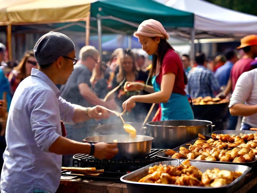 Two Asian men cooking food at an outdoor market
