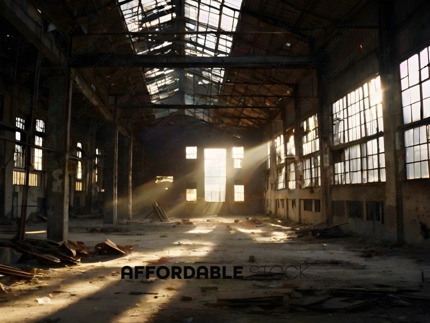 A large, empty building with a sun shining through the windows