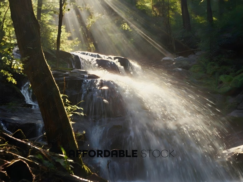 A waterfall in a forest with sunlight shining through the trees