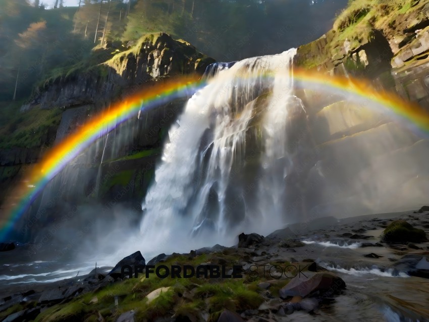 A Rainbow Waterfall in a Mountainous Area