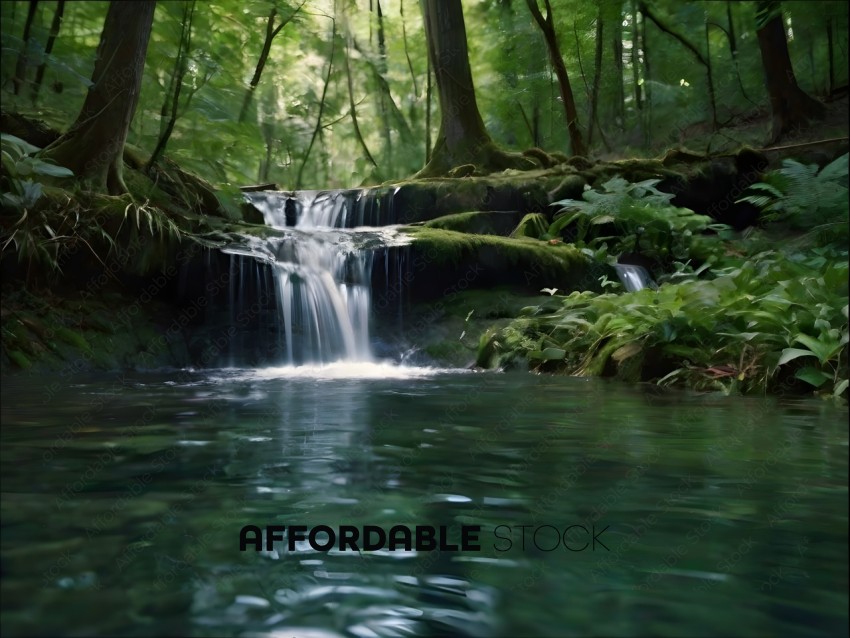 A waterfall in a forest with a green background