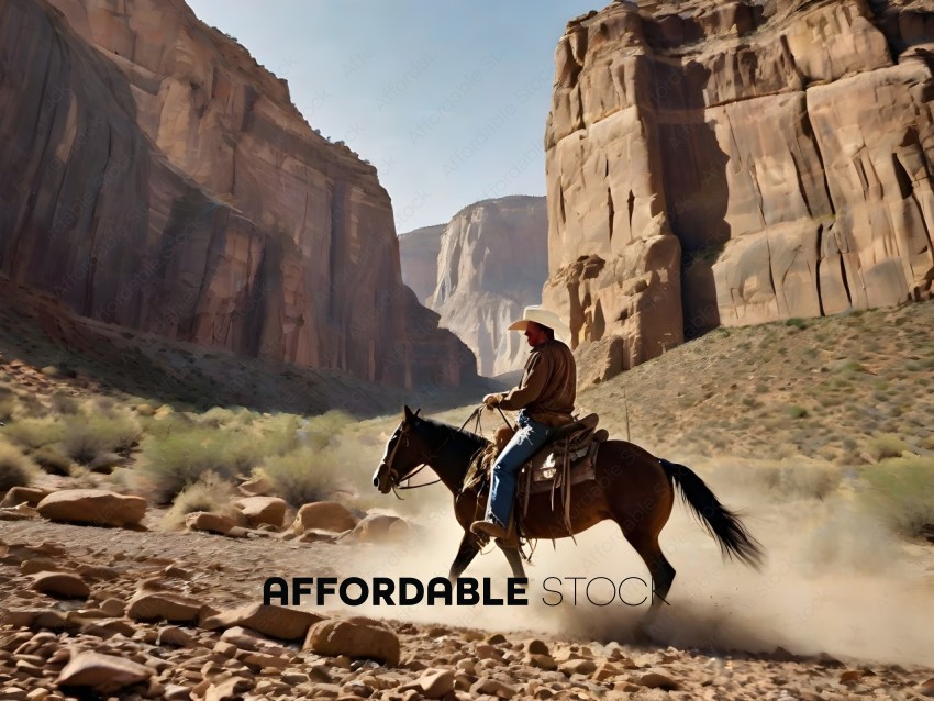 A man riding a horse in a rocky canyon