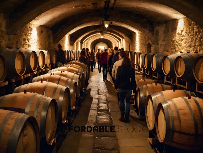 People walking through a wine cellar