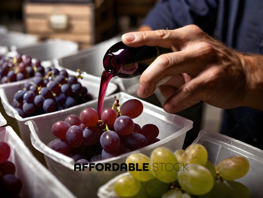A person pouring wine into a container of grapes