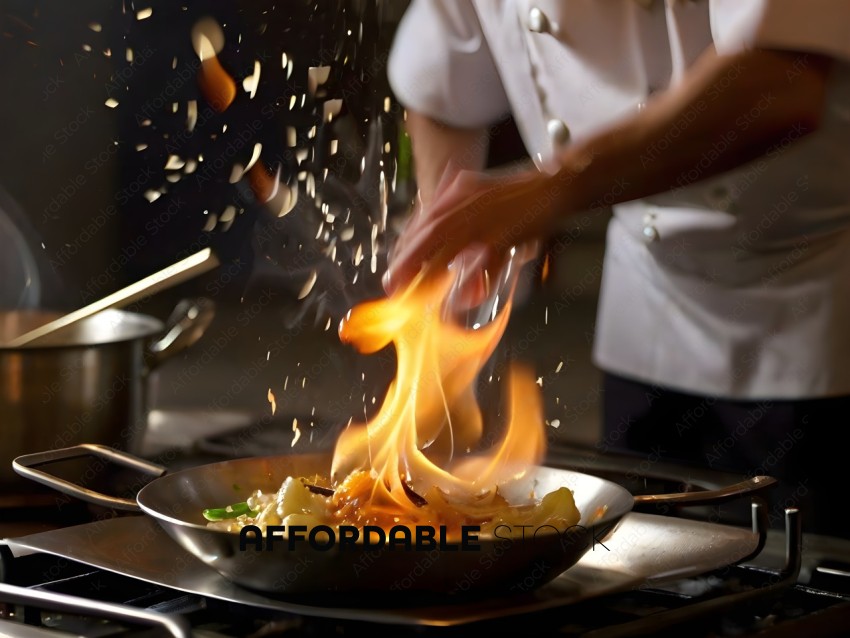 A chef tosses a flaming onion into a pan