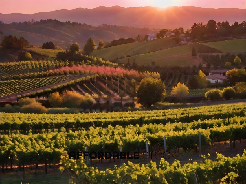 A beautiful sunset over a vineyard