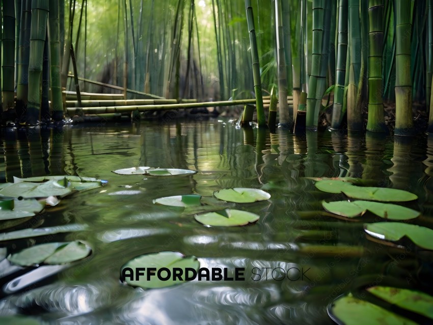 A pond with water lilies and bamboo