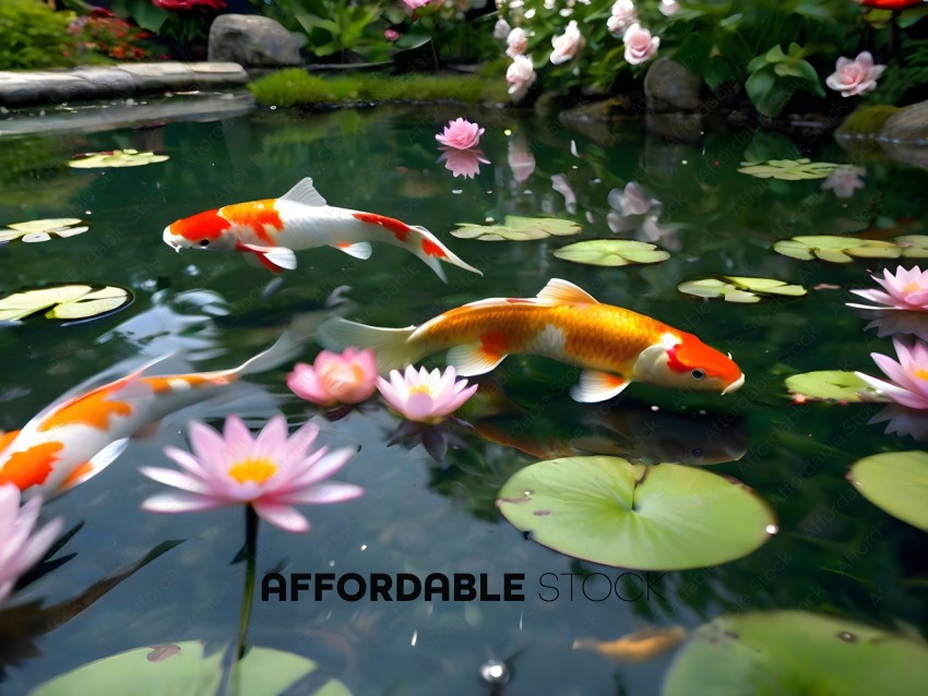 Three colorful fish swimming in a pond
