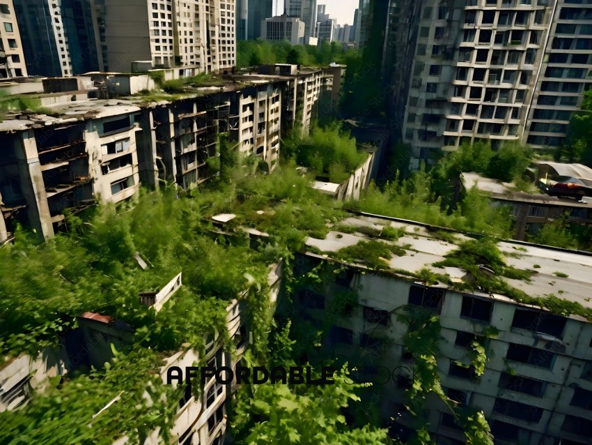 A cityscape with a lot of greenery on the roofs