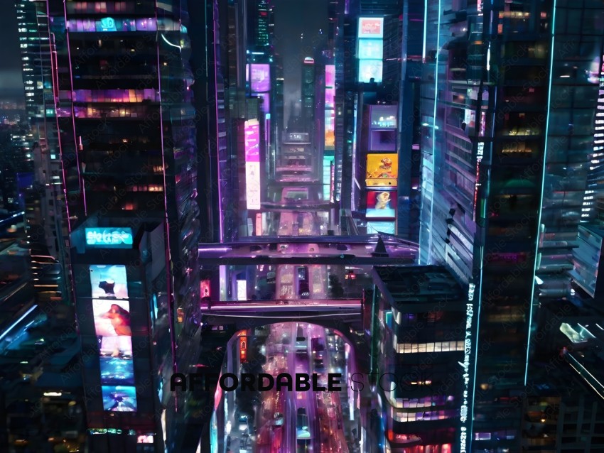 A futuristic cityscape with a purple skyline