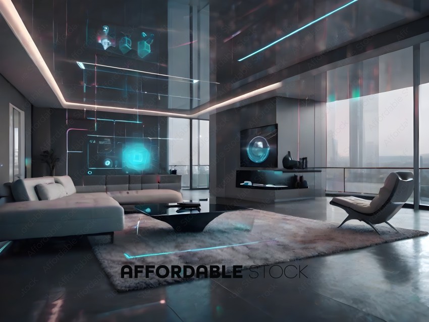 A futuristic living room with a large rug and a television