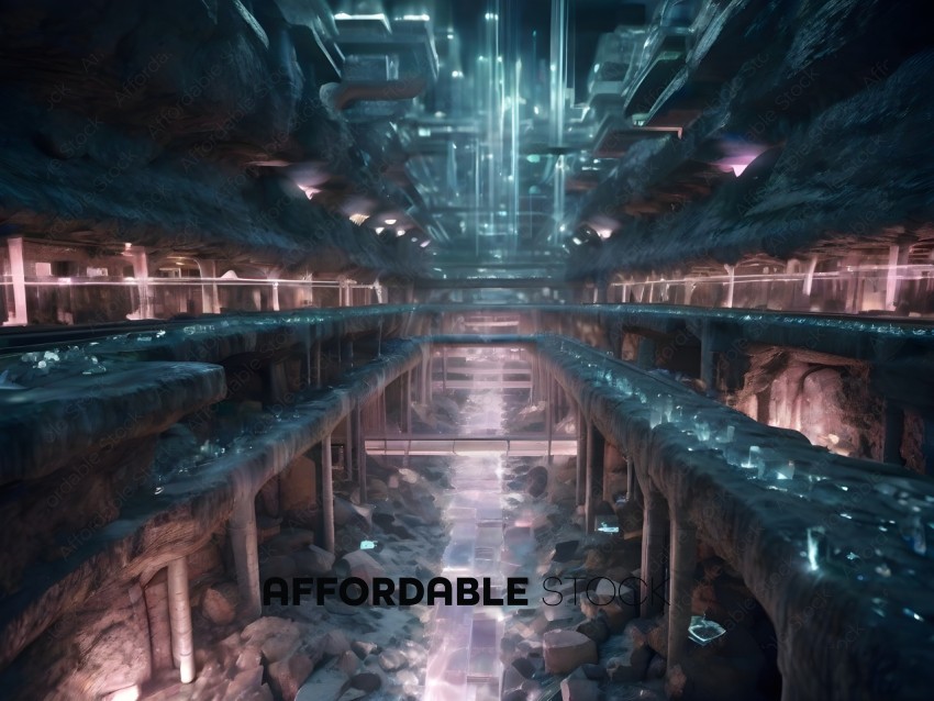 A futuristic city with a long hallway and a large room with a glass ceiling