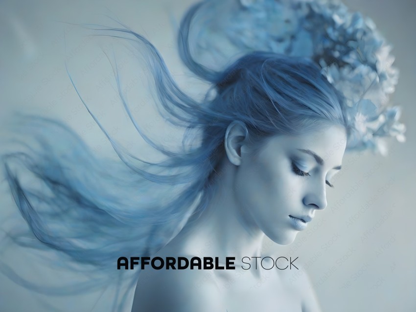 A woman with blue hair and a blue flower in her hair