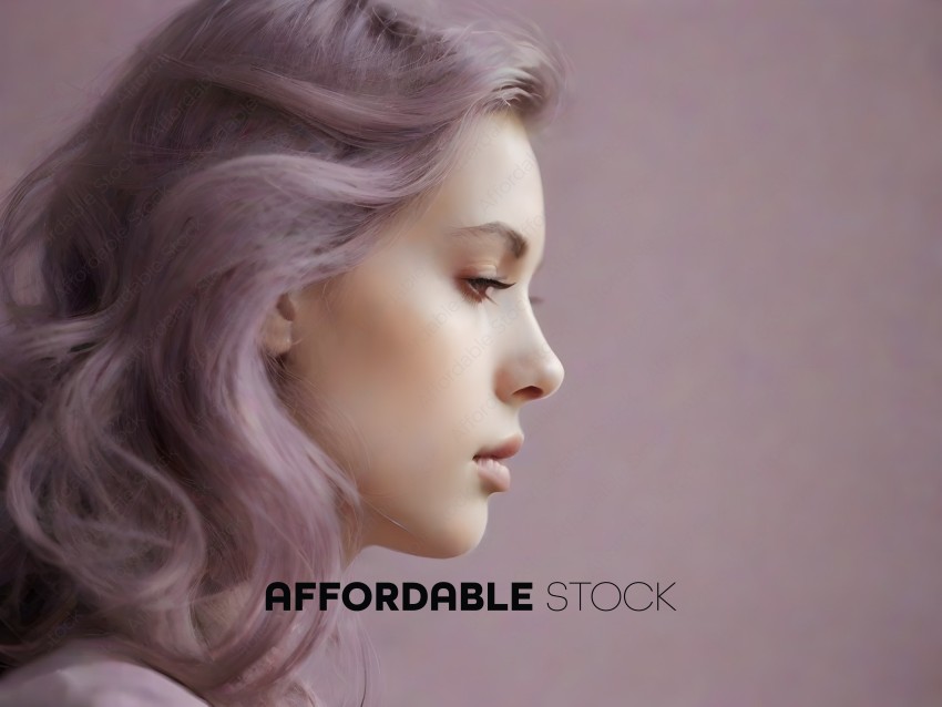 A woman with purple hair looks away