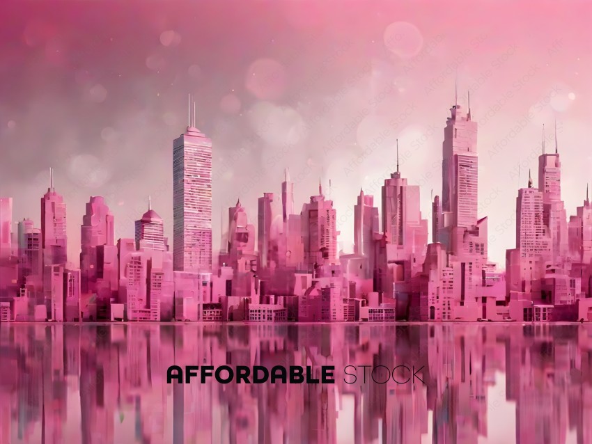 A cityscape with a pink skyline