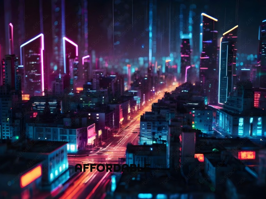 A futuristic cityscape with neon lights and a busy street