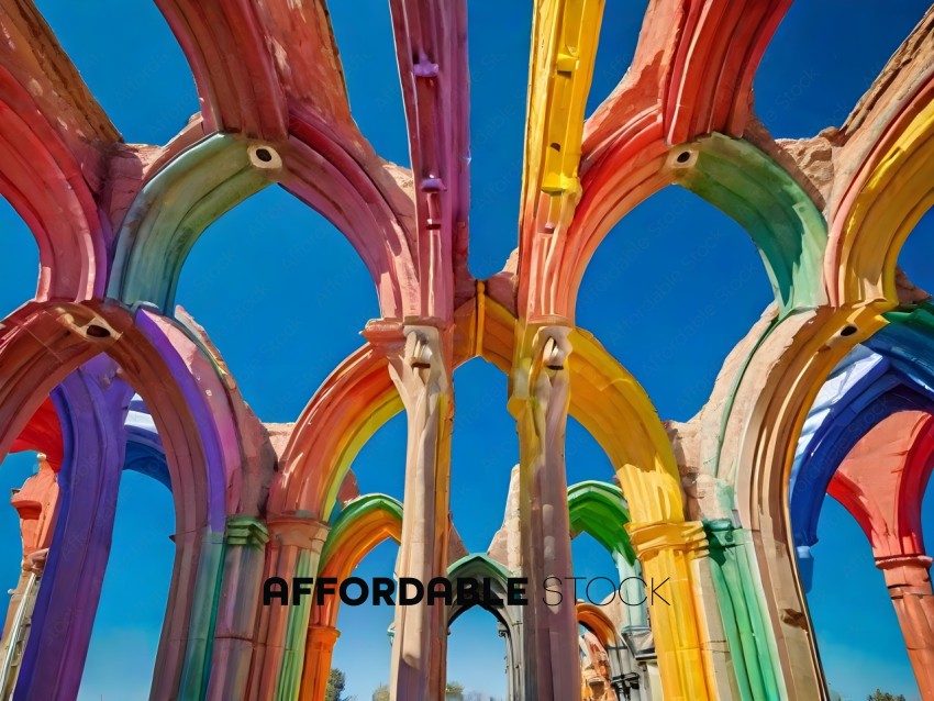 A colorful archway with a blue sky in the background