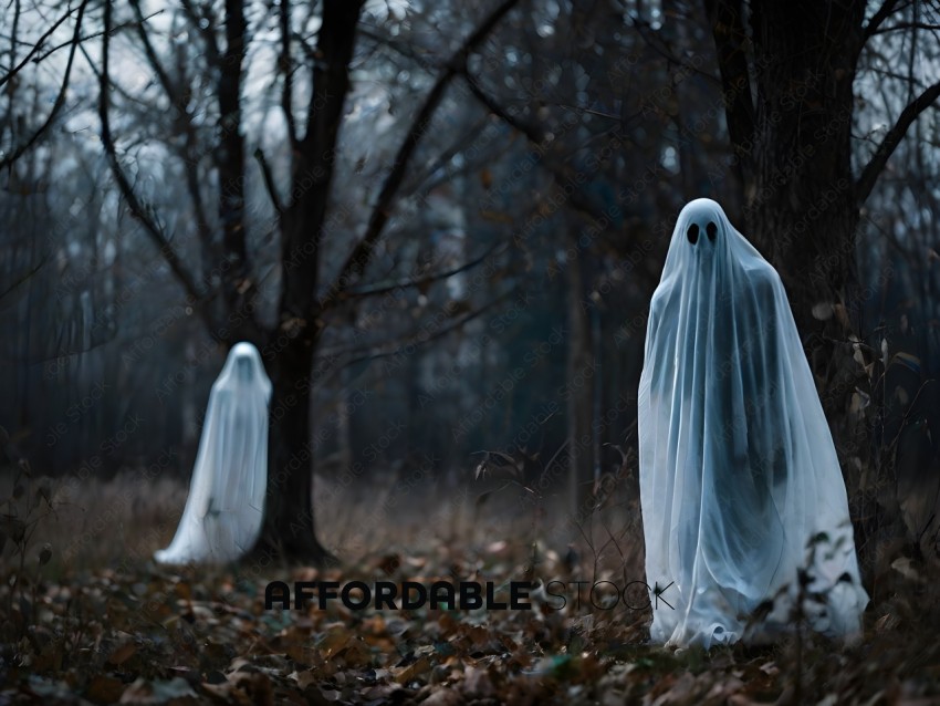 Two ghostly figures stand in a forest