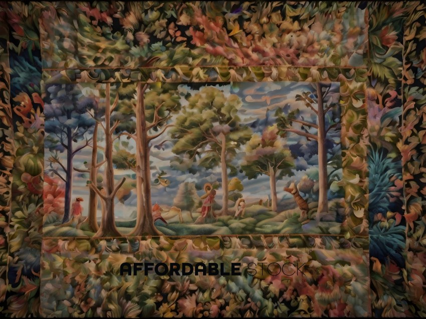 A colorful painting of a forest with people