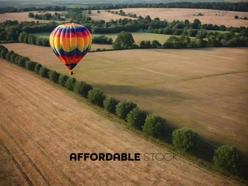 A hot air balloon is flying over a field