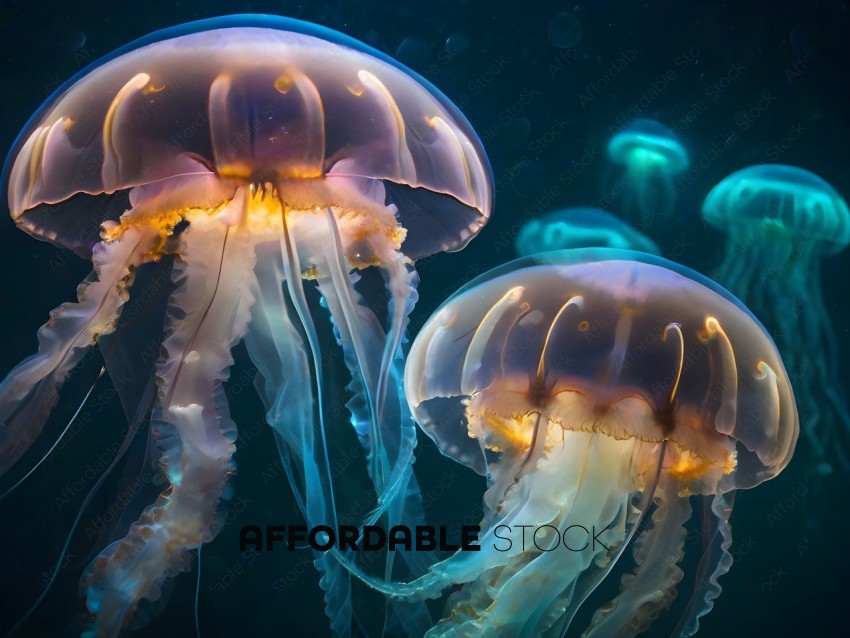 Two Large Blue and Yellow Jellyfish in the Ocean