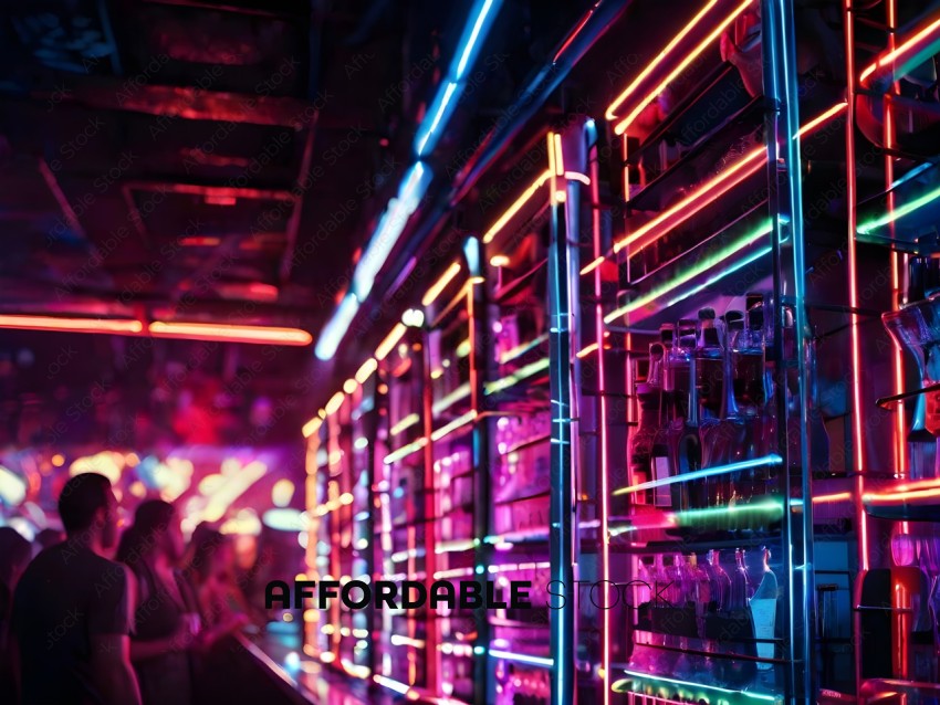 A neon lit bar with a variety of alcohol bottles