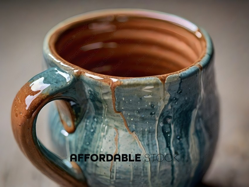 A close up of a blue and brown mug with water in it