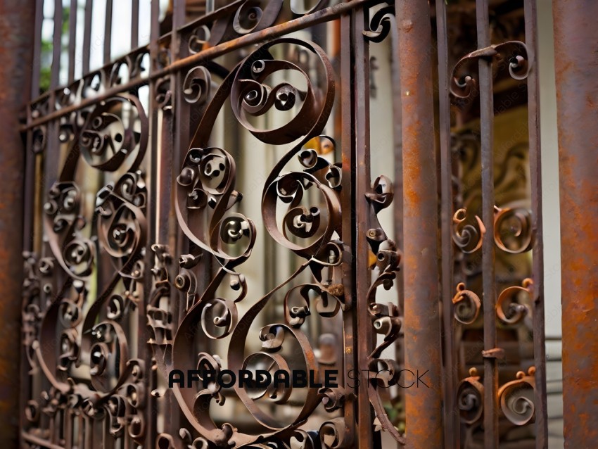 Rusty metal gate with intricate scroll work