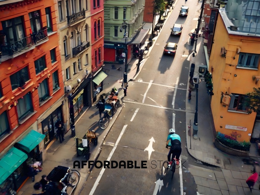 A cyclist rides down a busy street