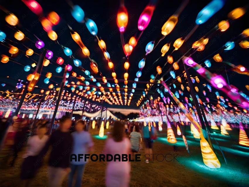 People walking through a lighted festival