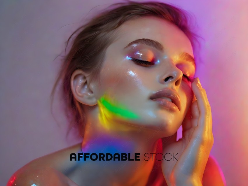 A woman with a rainbow on her face