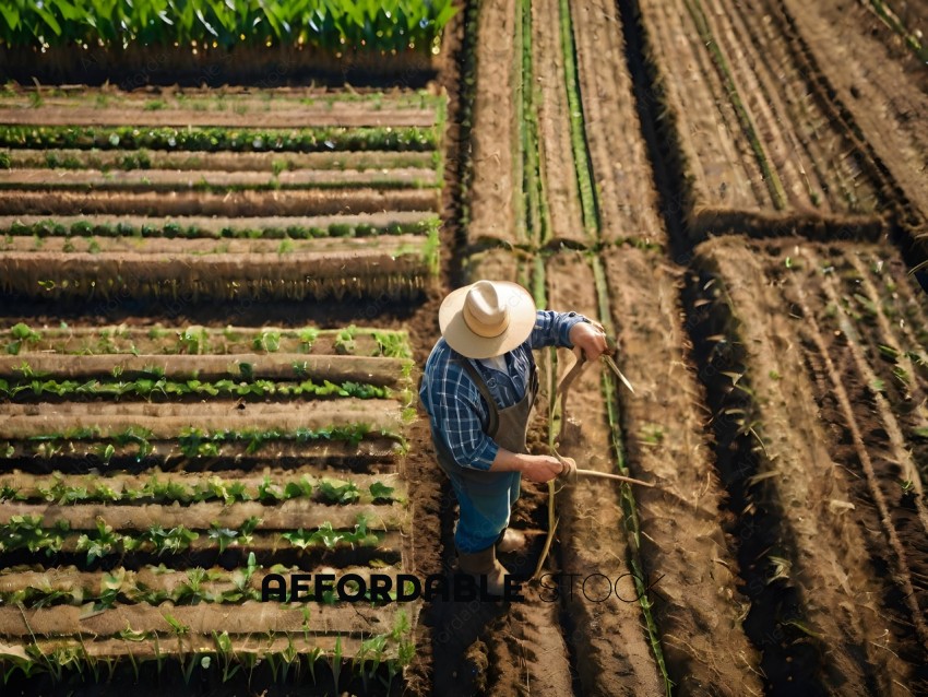 Man wearing a hat and overalls, tending to crops